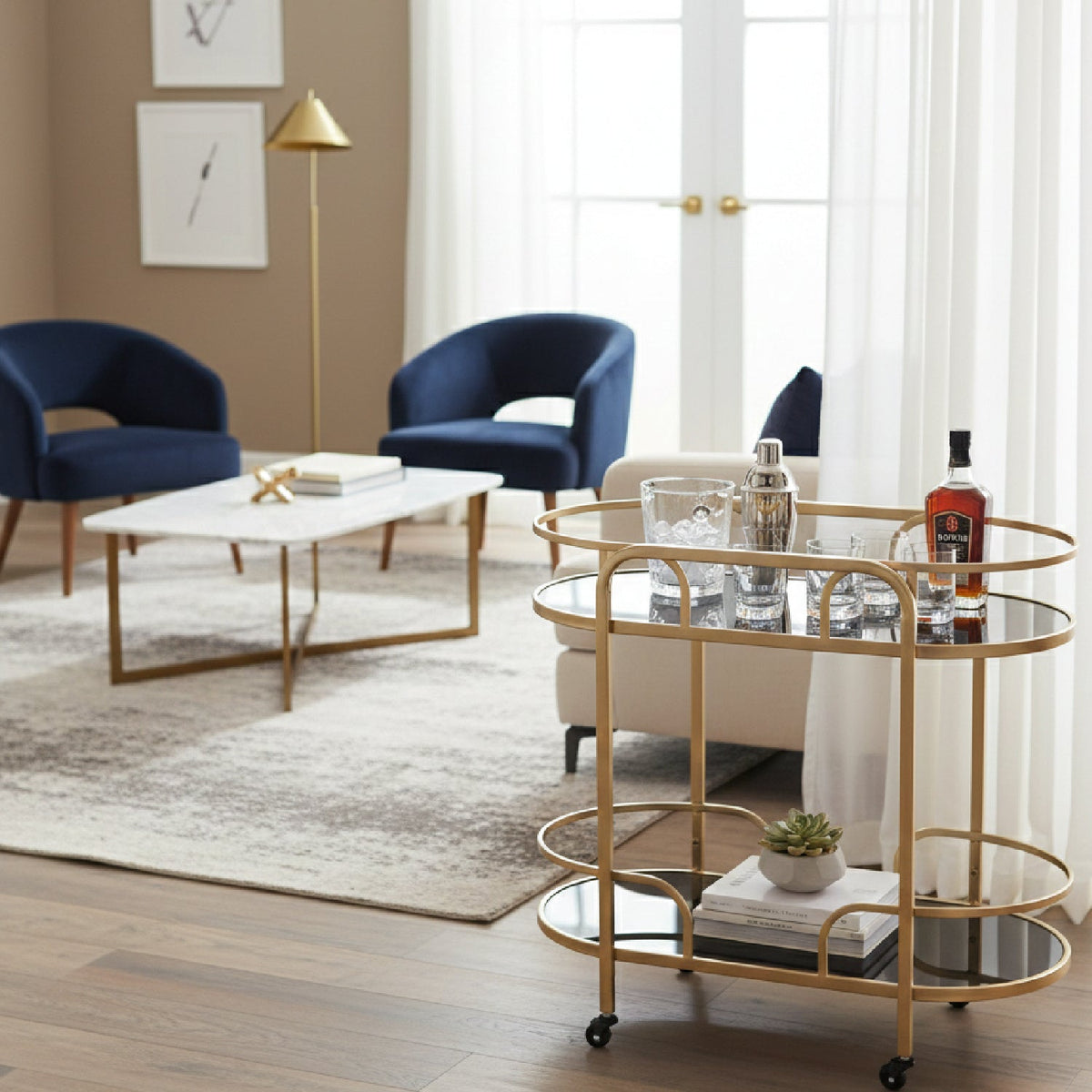 Gold 2-Tier Wine Cart | Bali Loom Leighton