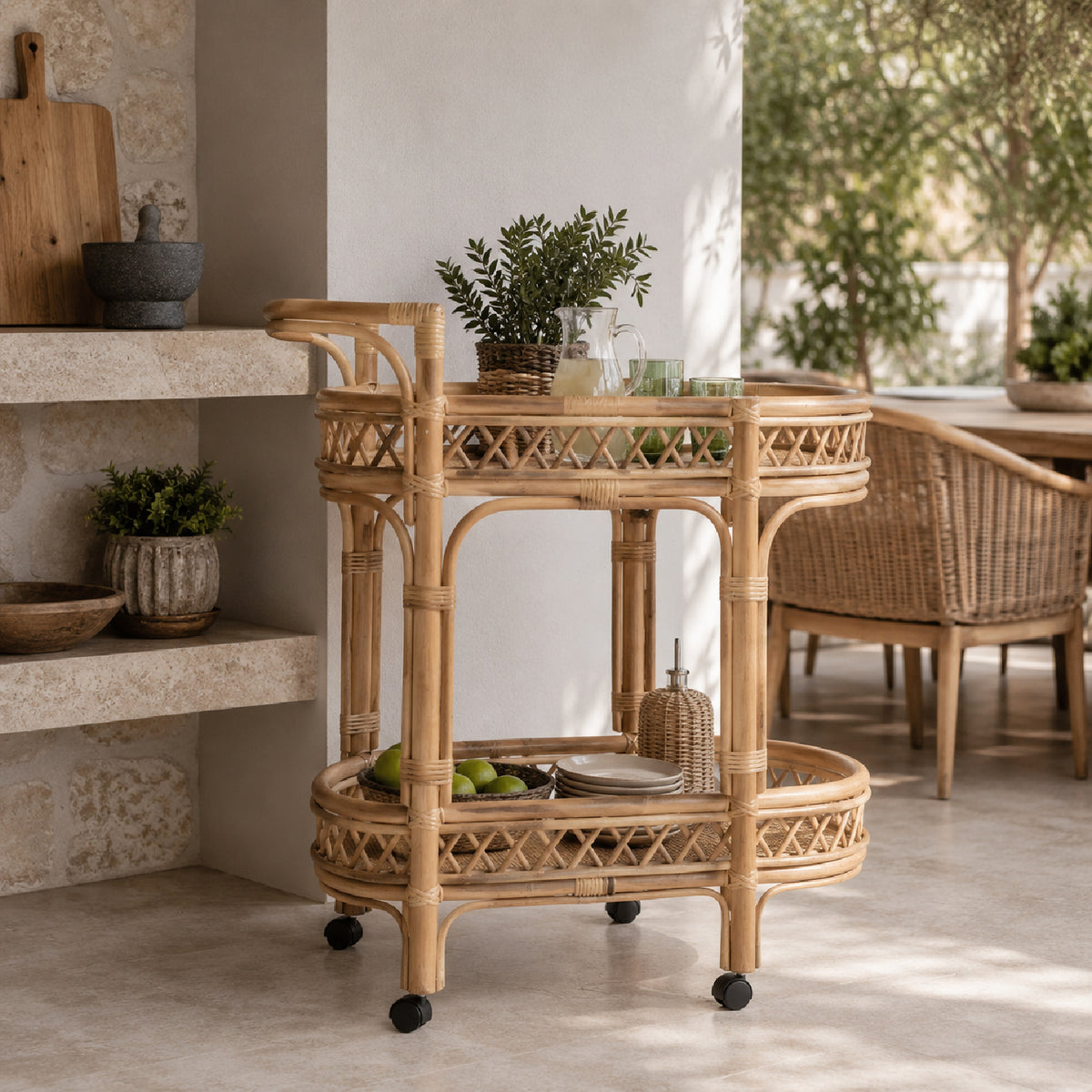 Modern European furniture - Natural Rattan Indoor/Outdoor Kitchen Cart - www.oroa.com