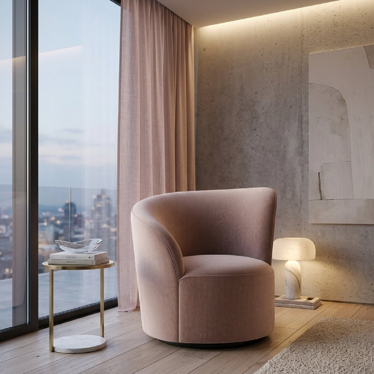 Taupe Velvet Left-Armed Swivel Chair | Caracole Whorl