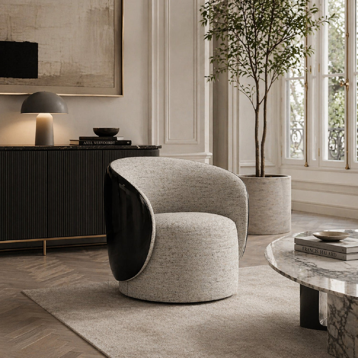 White Chenille Swivel Chair | Caracole Cuff