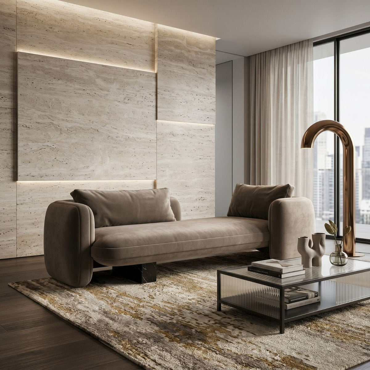 Taupe Velvet Bedroom Chaise | Caracole Overlap