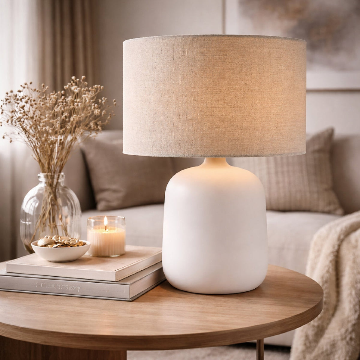 Modern European furniture - Beige Linen Ceramic Table Lamp S - www.oroa.com