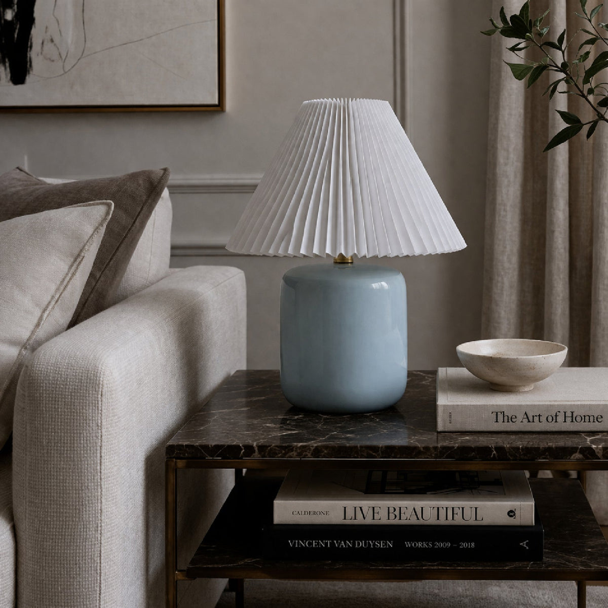 Modern European furniture - Ceramic Pleated Linen Table Lamp - www.oroa.com