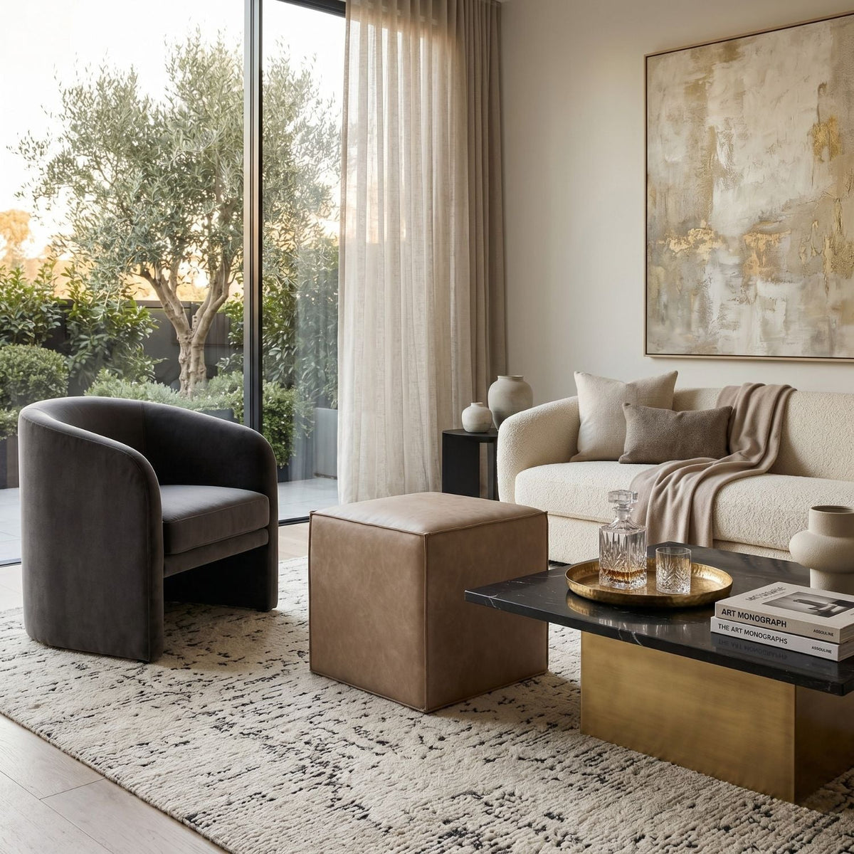 Brown Vegan Leather Cube Ottoman | Living Essentials Knox