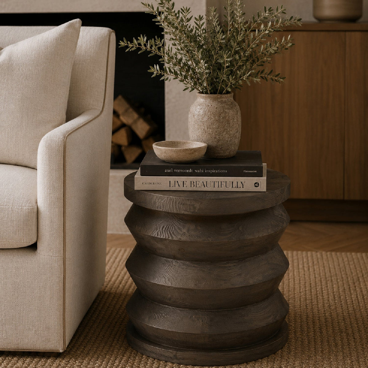Pine Wood Cylindrical Accent Table | Living Essentials Pier
