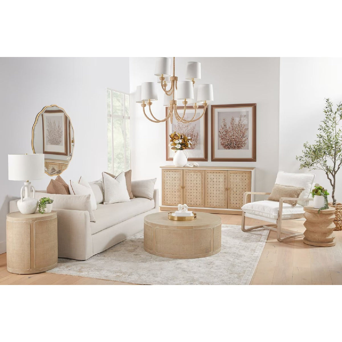Gray Oak Round Coffee Table | Living Essentials Cane