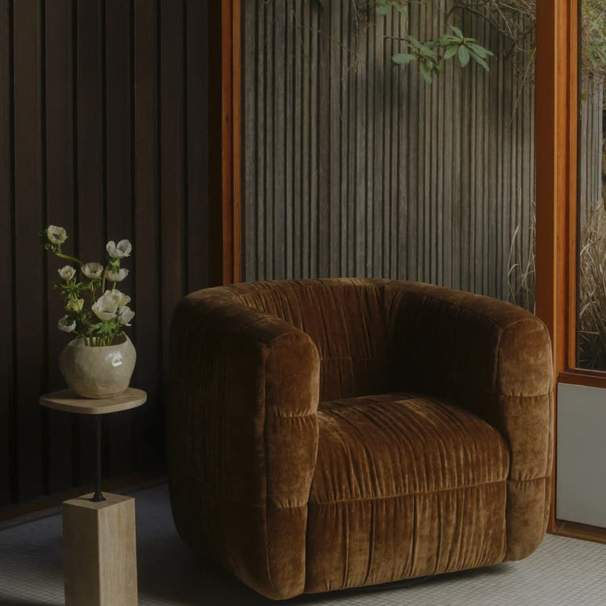 Ruched Chenille Swivel Chair | Novi Living Robson