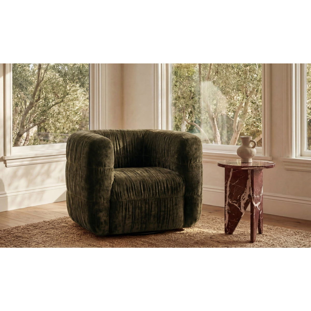 Ruched Chenille Swivel Chair | Novi Living Robson