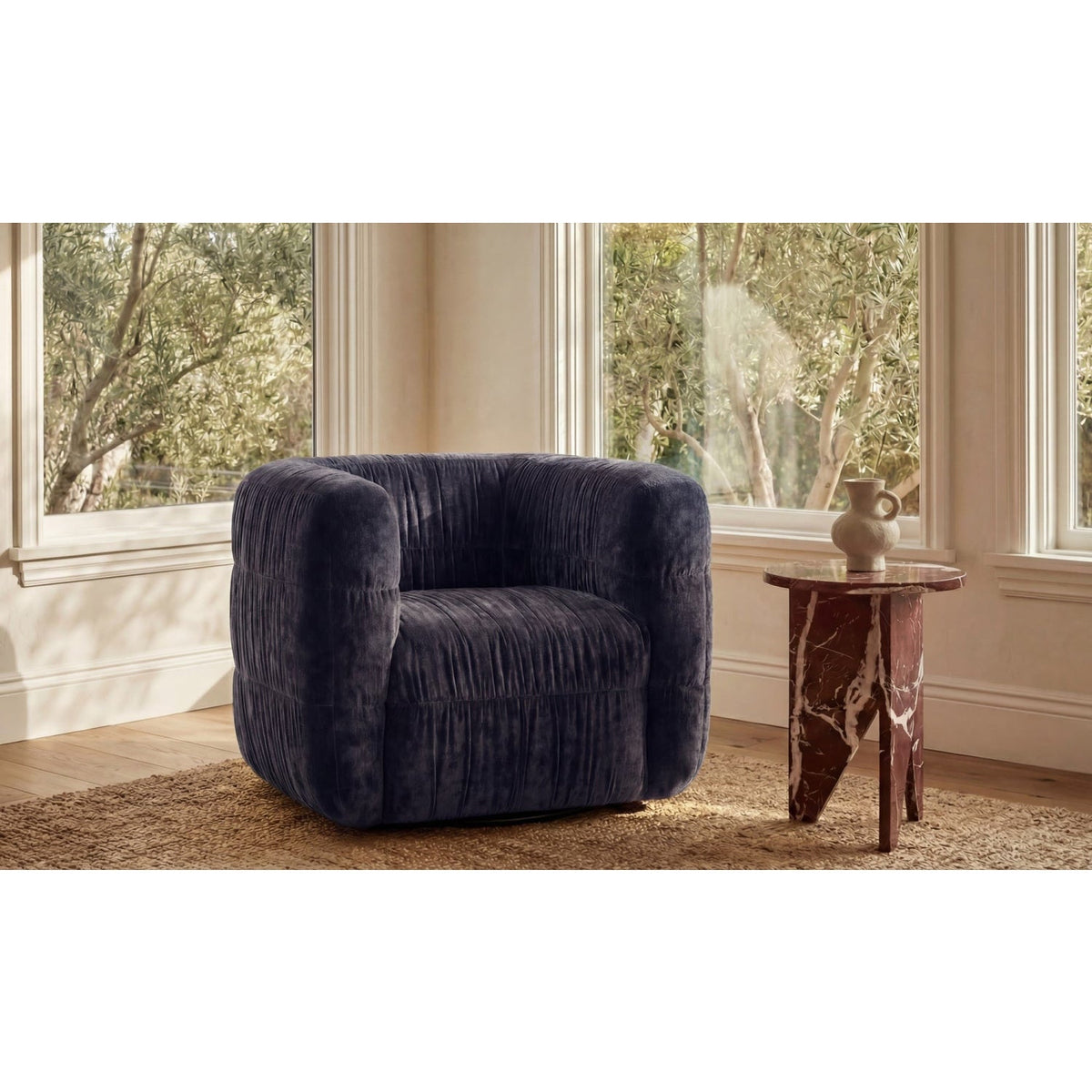 Ruched Chenille Swivel Chair | Novi Living Robson