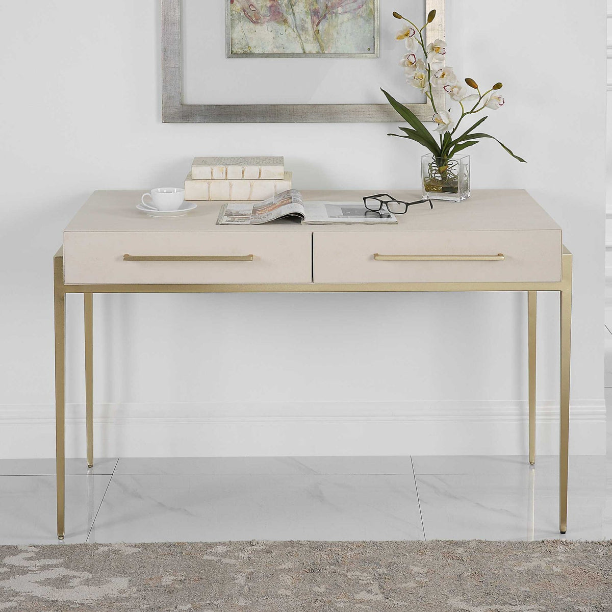 White Shagreen 2-Drawer Desk by Uttermost Jewel, alternate view 2