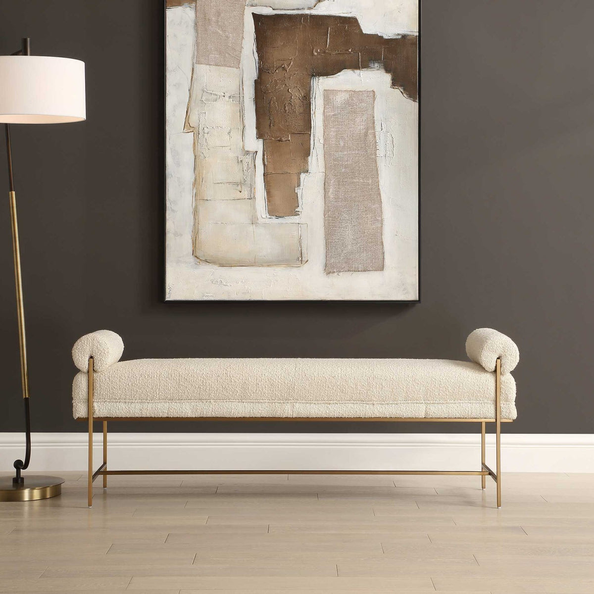White Boucle Modern Bench by Uttermost Bolster, alternate view 2