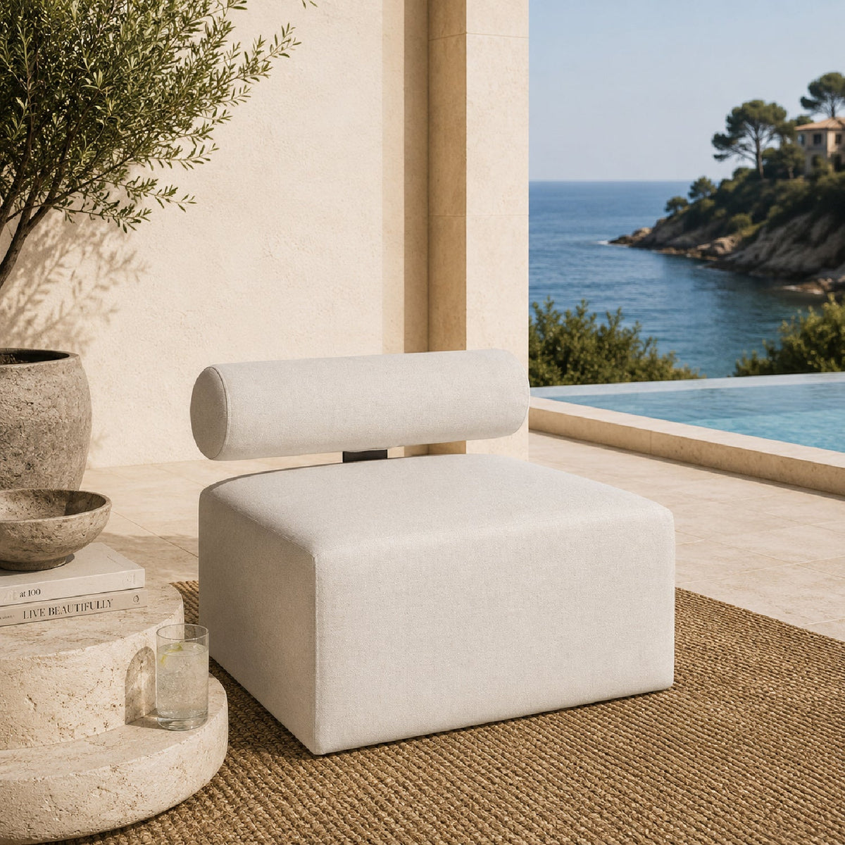White Fabric Outdoor Sofa by Uttermost Bolster, alternate view 2