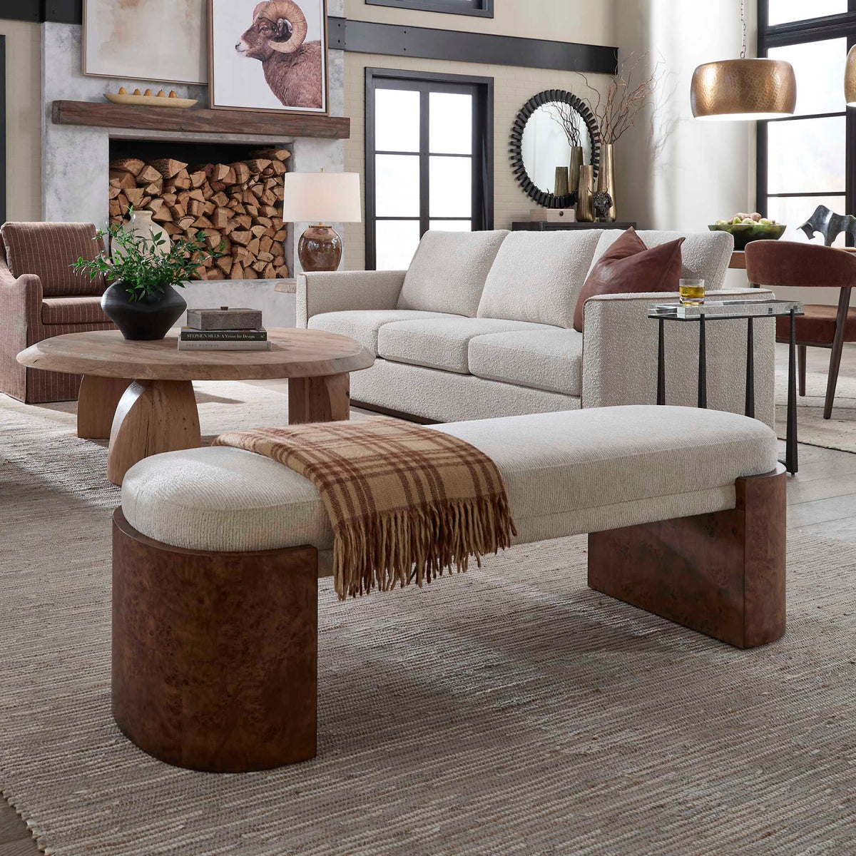 Modern European furniture - Burl Framed White Fabric Bench - www.oroa.com