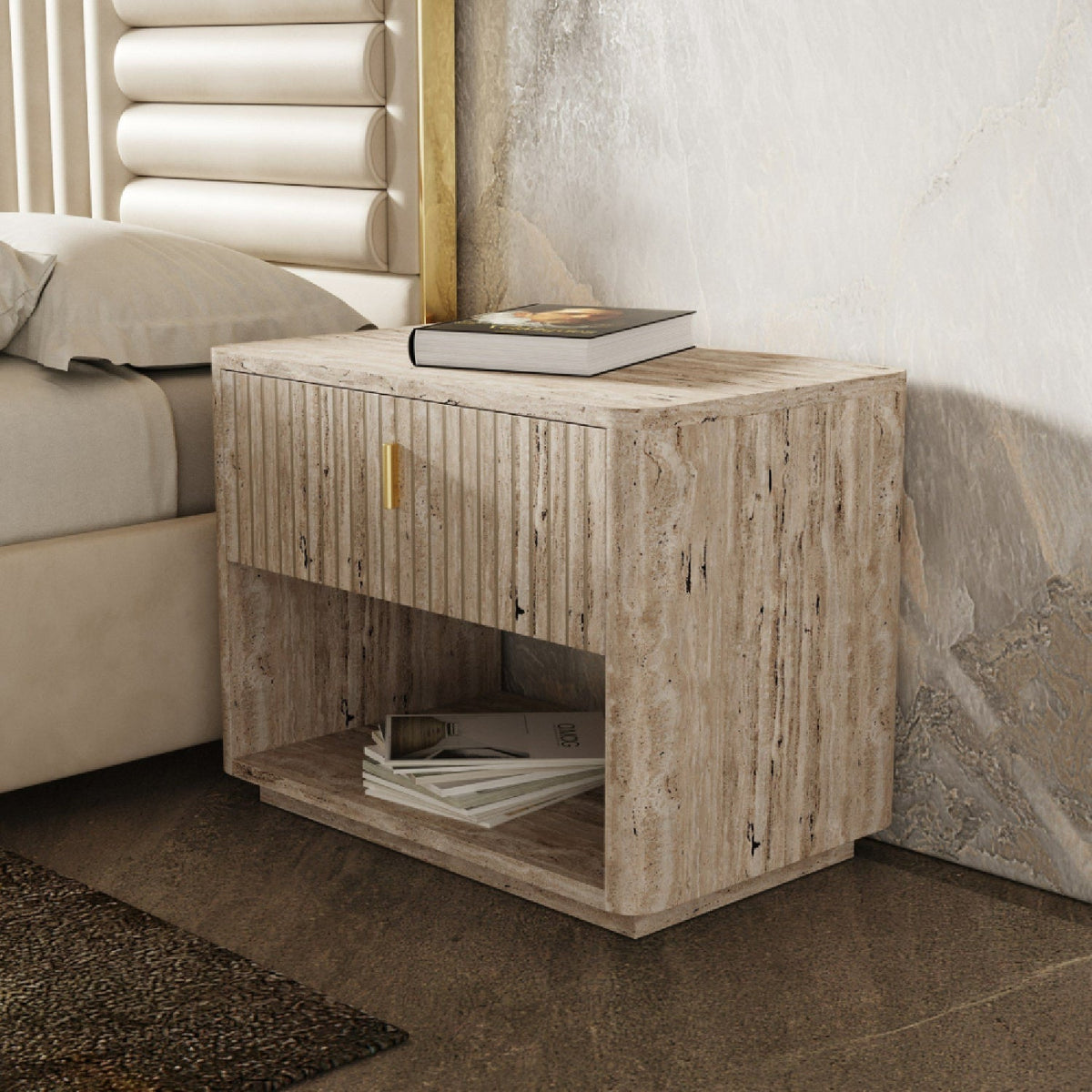 Travertine Inspired 1-Drawer Nightstand | OROA Modern Roma
