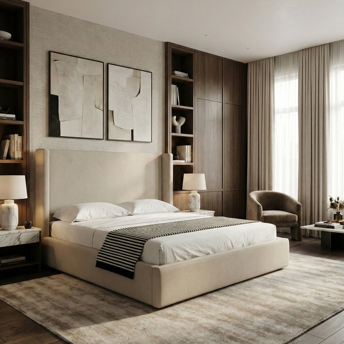 Beige Panel Headboard Bed | OROA Modern Byrne
