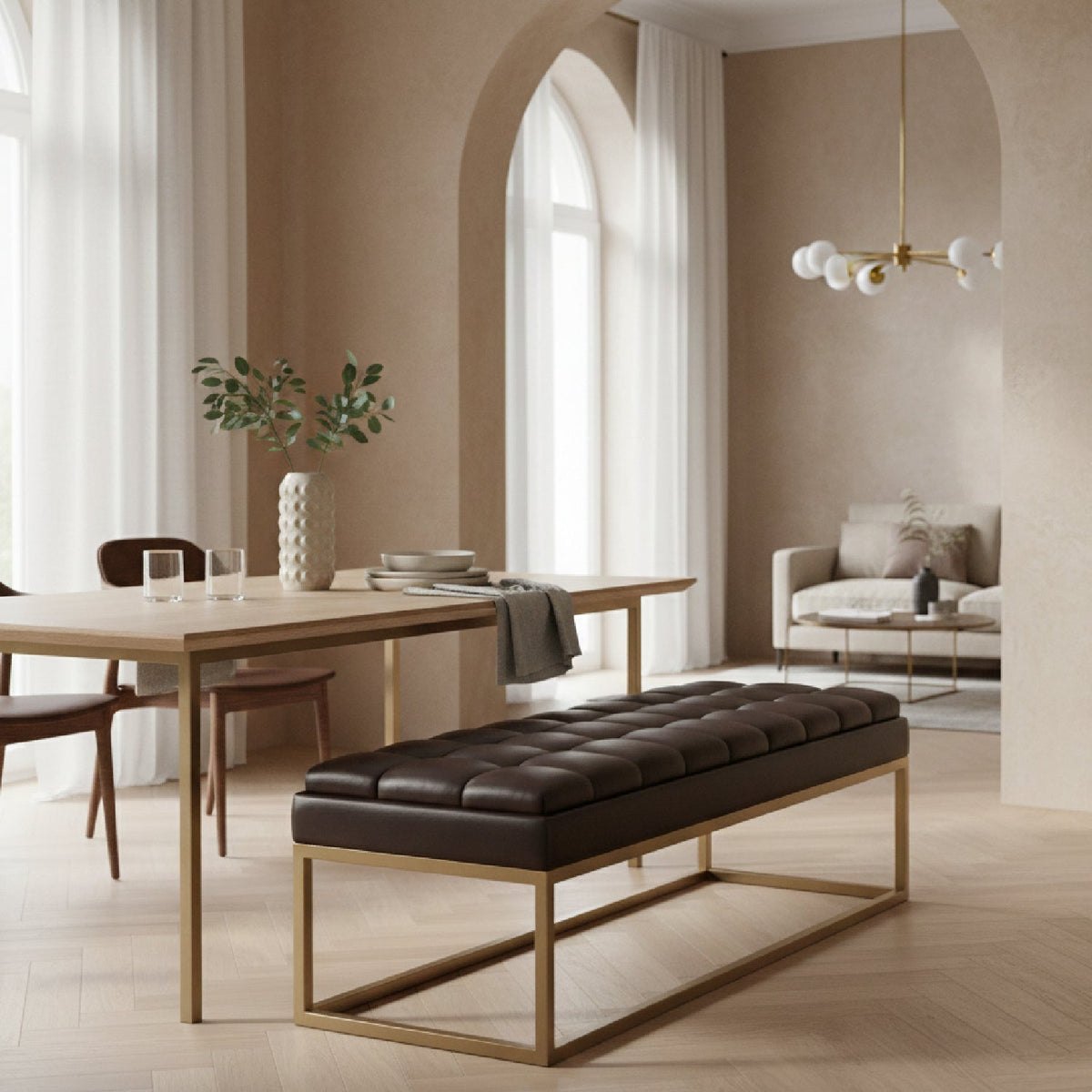 Brown Vegan Leather Dining Bench | OROA Modern Bridger