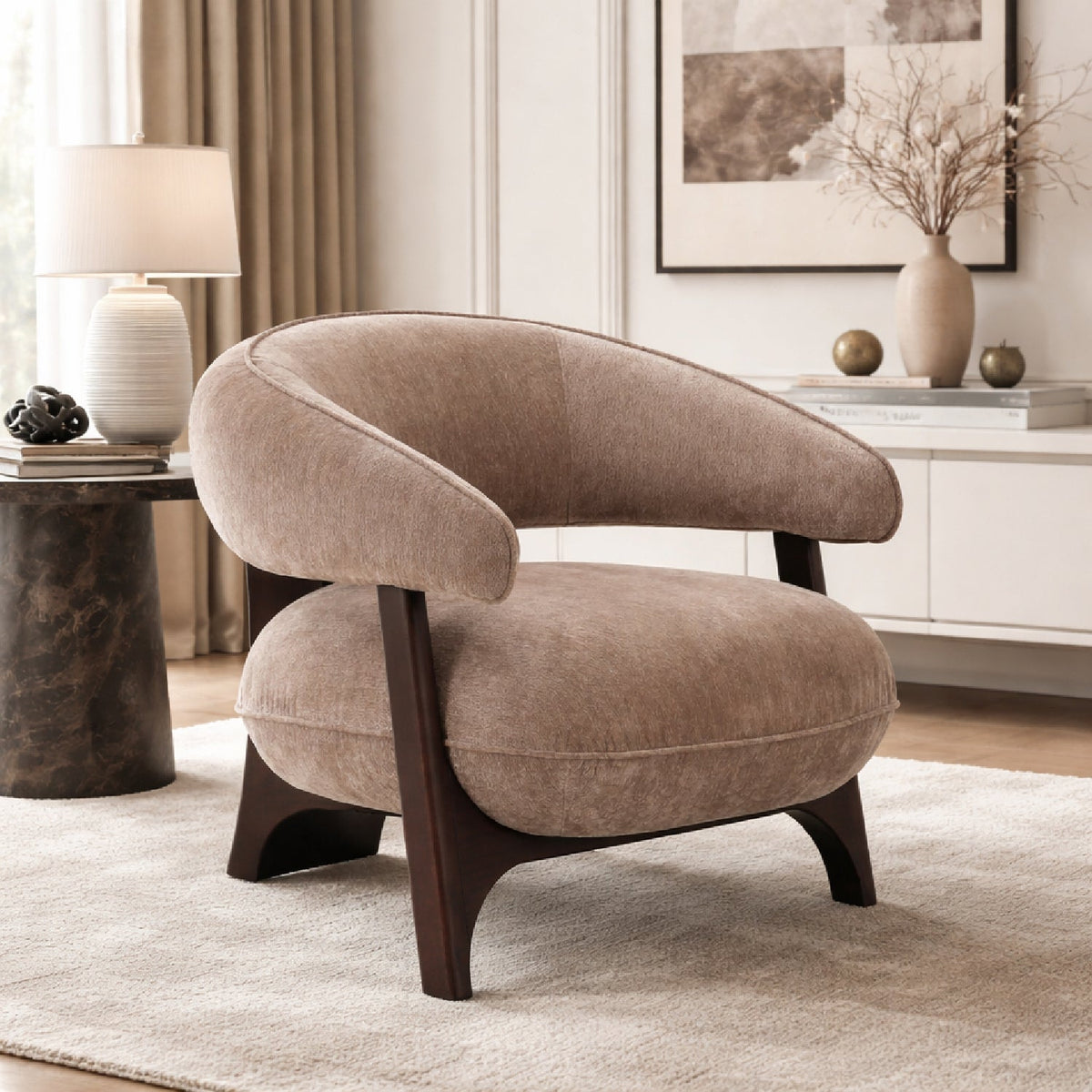Tan Curved-Back Accent Chair | OROA Modern Kirby | Oroa.com