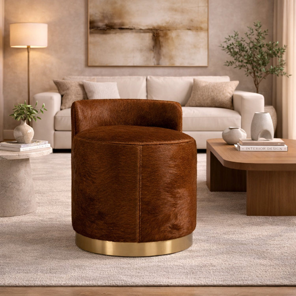 Brown Cowhide Leather Ottoman | OROA Modern Belvista