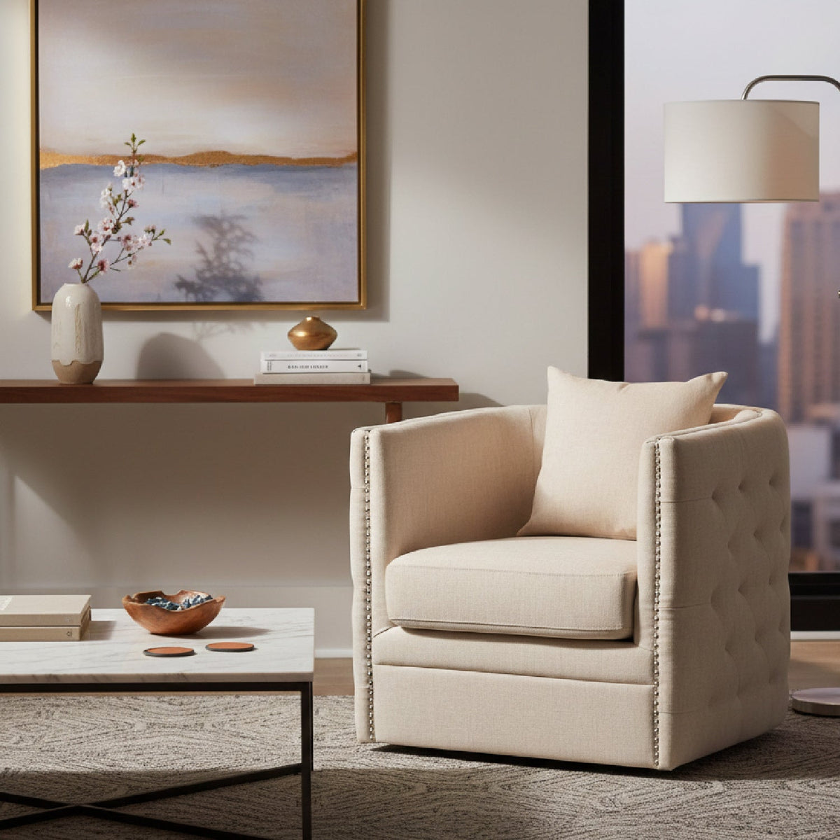 Modern European furniture - Tufted Beige Swivel Chair - www.oroa.com
