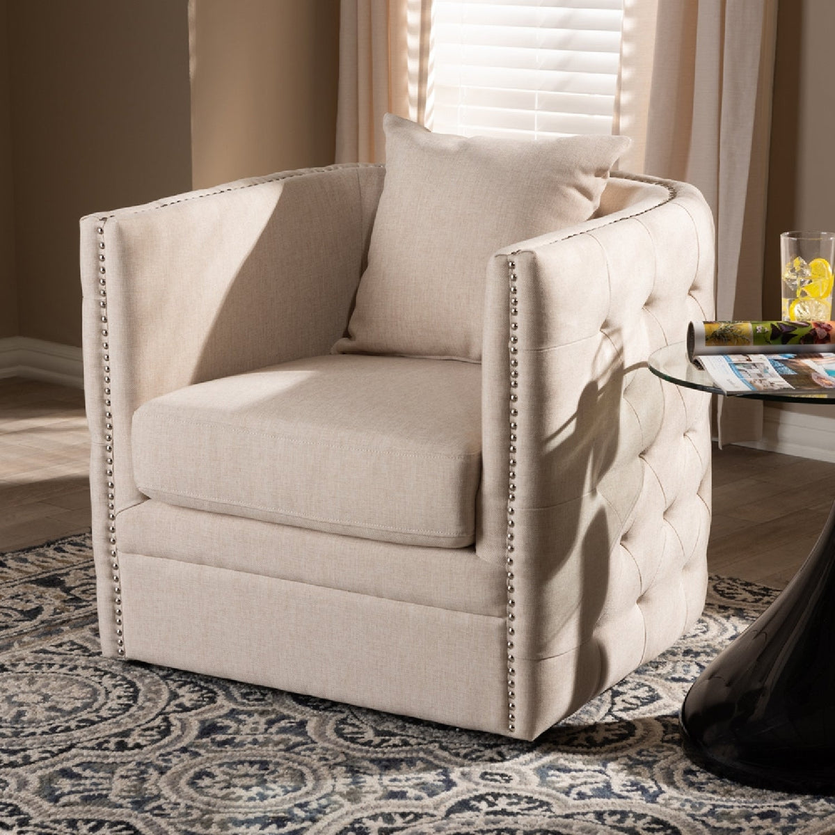 Modern European furniture - Tufted Beige Swivel Chair - www.oroa.com