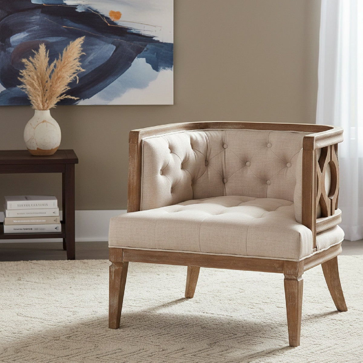 Modern European furniture - Button Tufted Beige Accent Barrel Chair - www.oroa.com