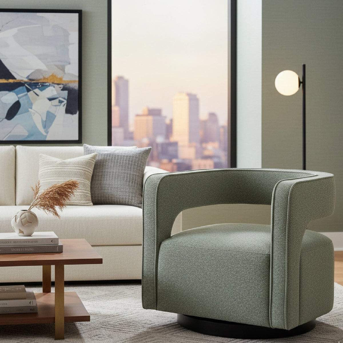 Sage Green Curved Swivel Chair | OROA Modern Turku