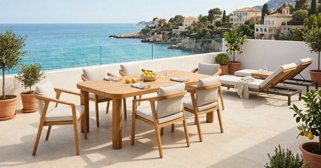 Outdoor teak furniture setup by OROA showcasing durable materials.