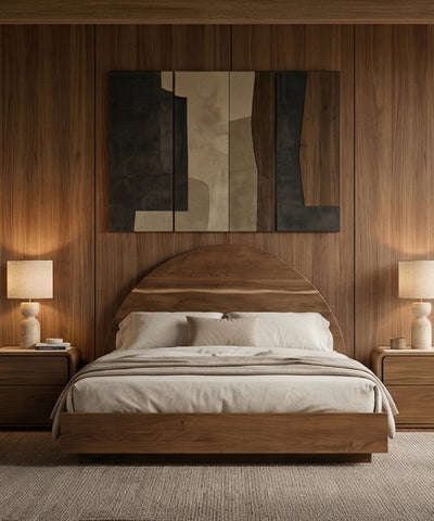 Bedroom featuring OROA Mid-Century Modern furniture with tapered legs and warm wood finishes.