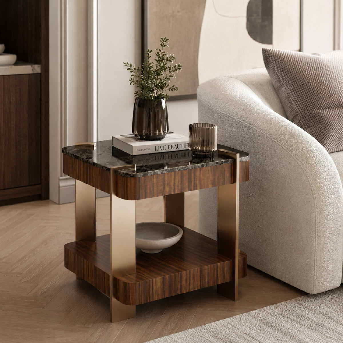Smoked Walnut Square Side Table | Caracole Altura