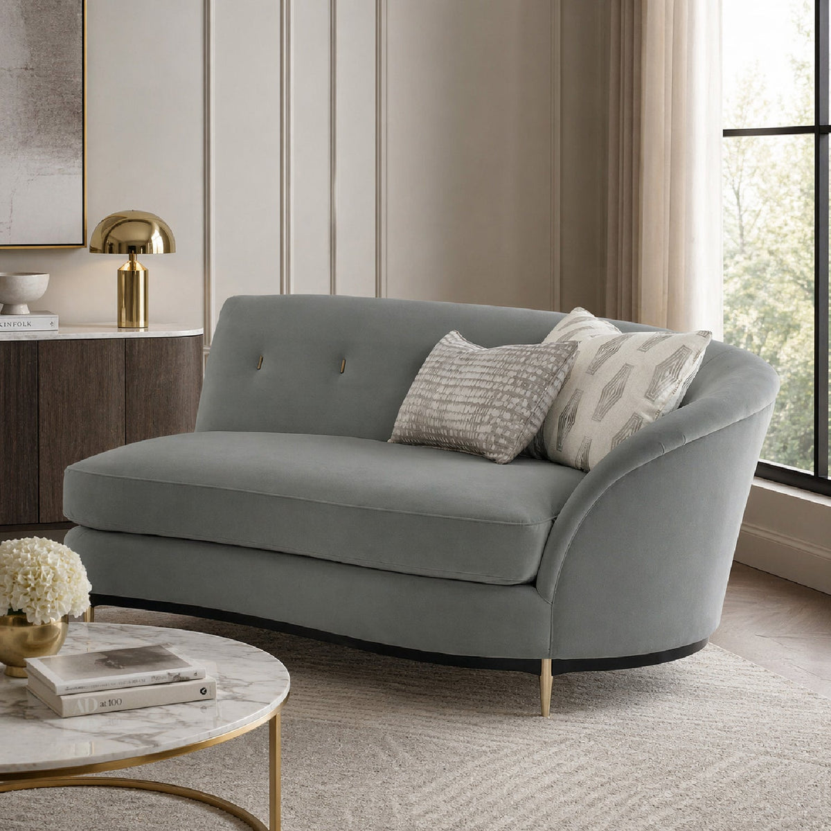 Gray Velvet Right-Armed Loveseat | Caracole Three's Company