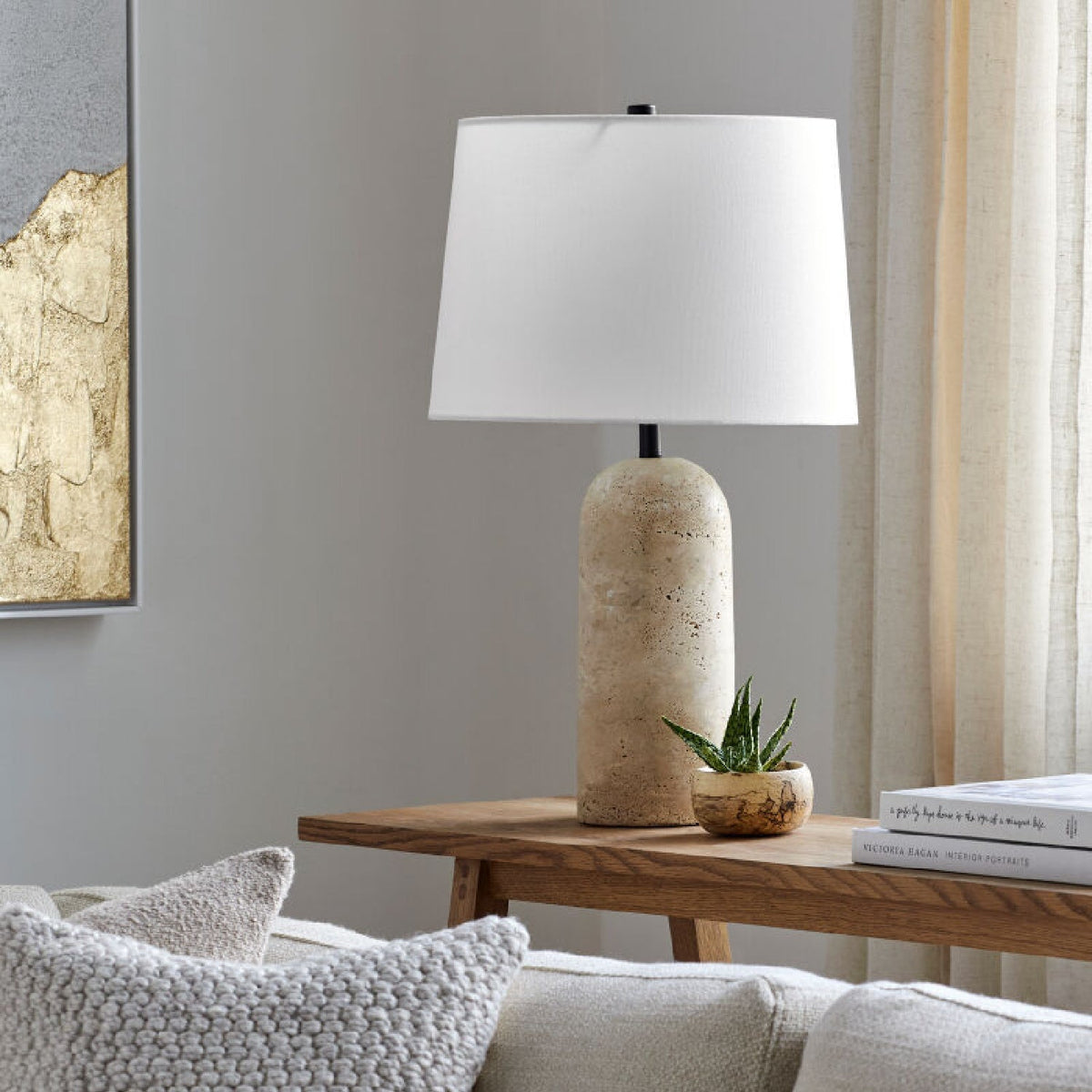 Modern European furniture - Travertine Base Accent Table Lamp - www.oroa.com