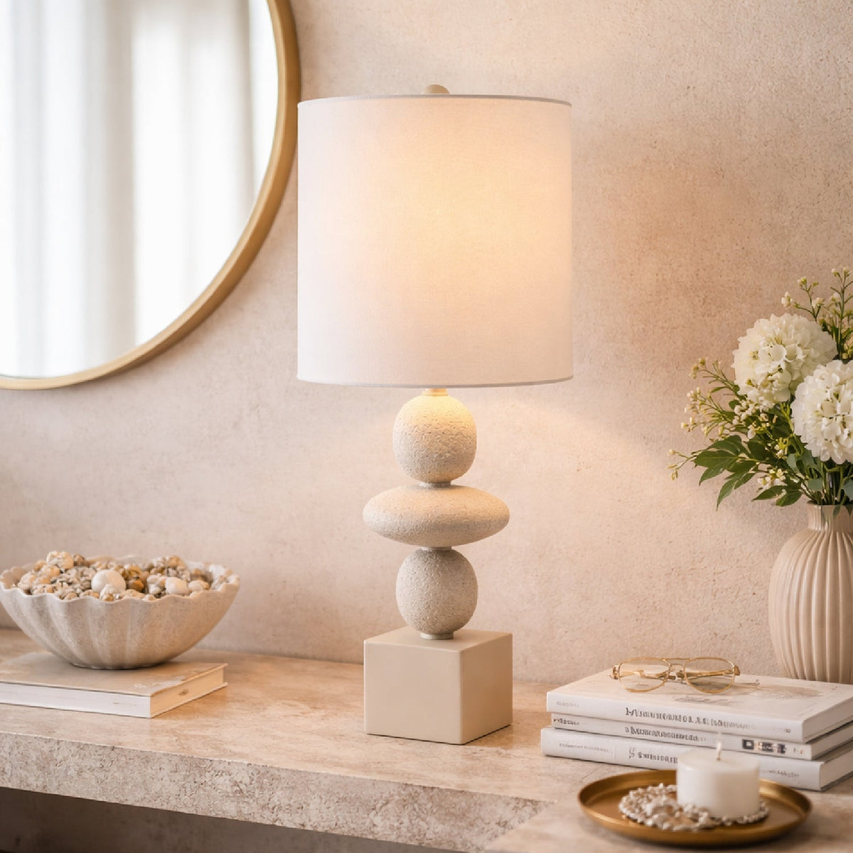 Modern European furniture - Geometric Stacked Linen Table Lamp - www.oroa.com