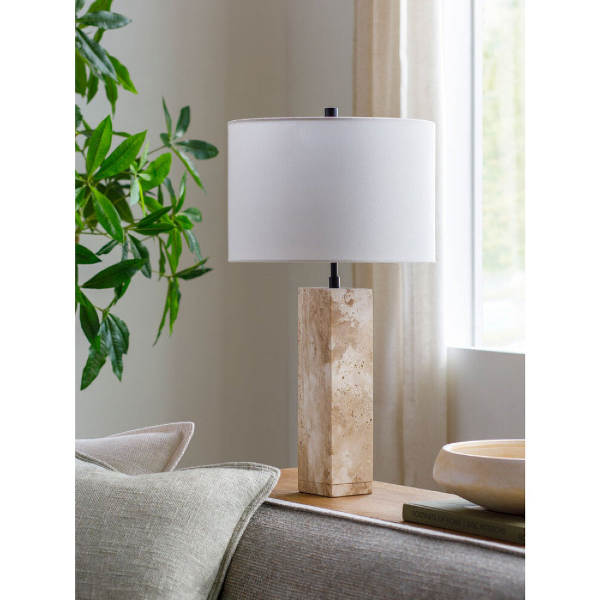 Modern European furniture - Travertine Cream Linen Table Lamp - www.oroa.com