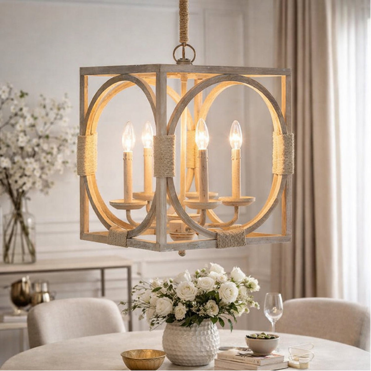 Modern European furniture - Whitewashed Wooden 4-Light Chandelier - www.oroa.com