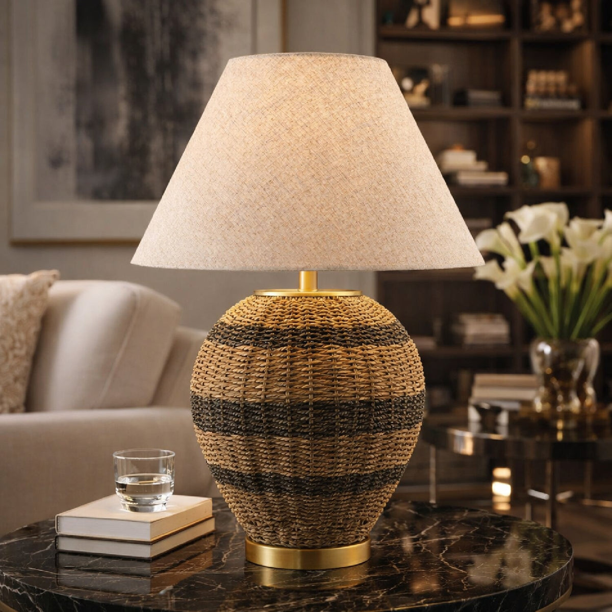 Modern European furniture - Black Lined Rattan Table Lamp - www.oroa.com