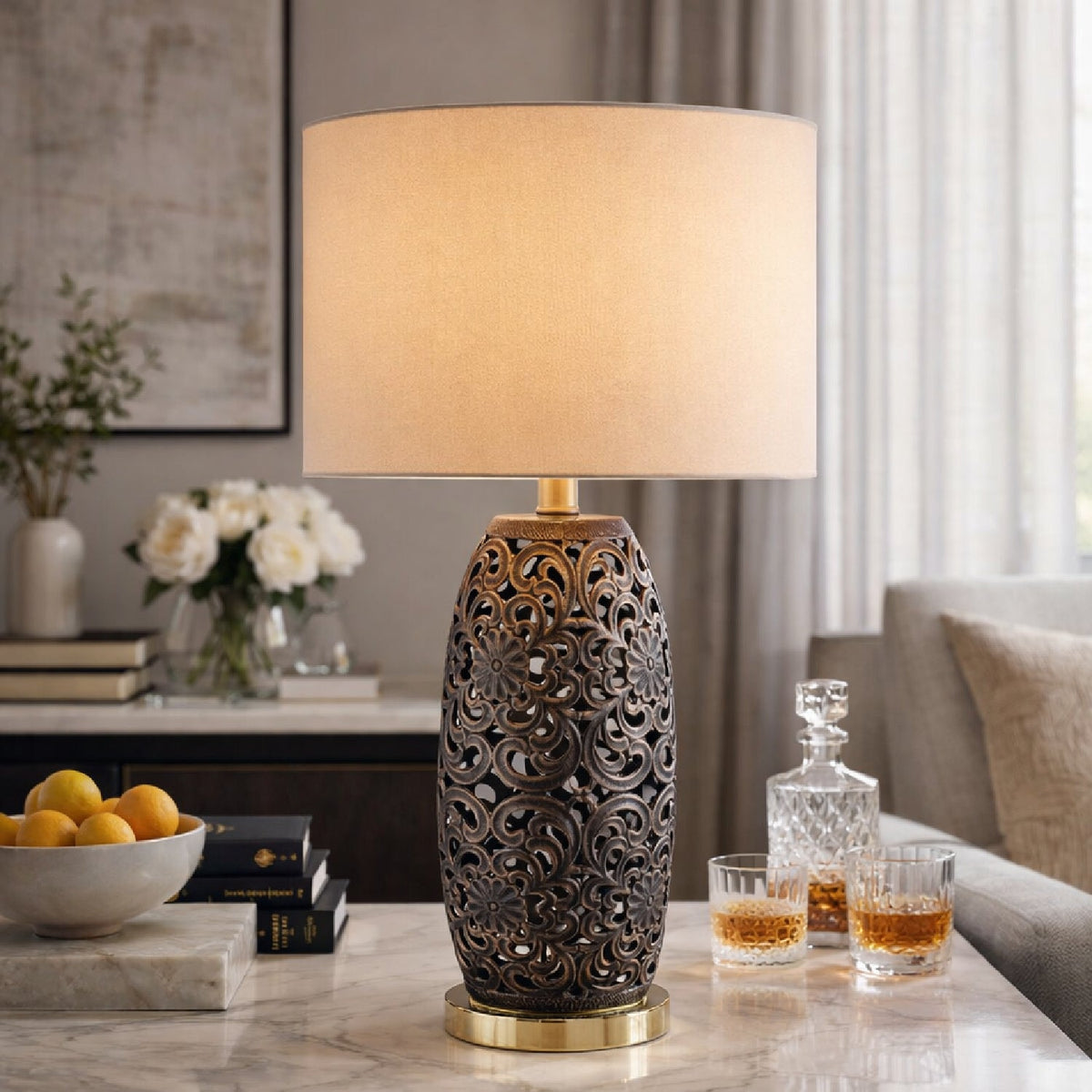 Modern European furniture - Floral Carved Ceramic Table Lamp - www.oroa.com
