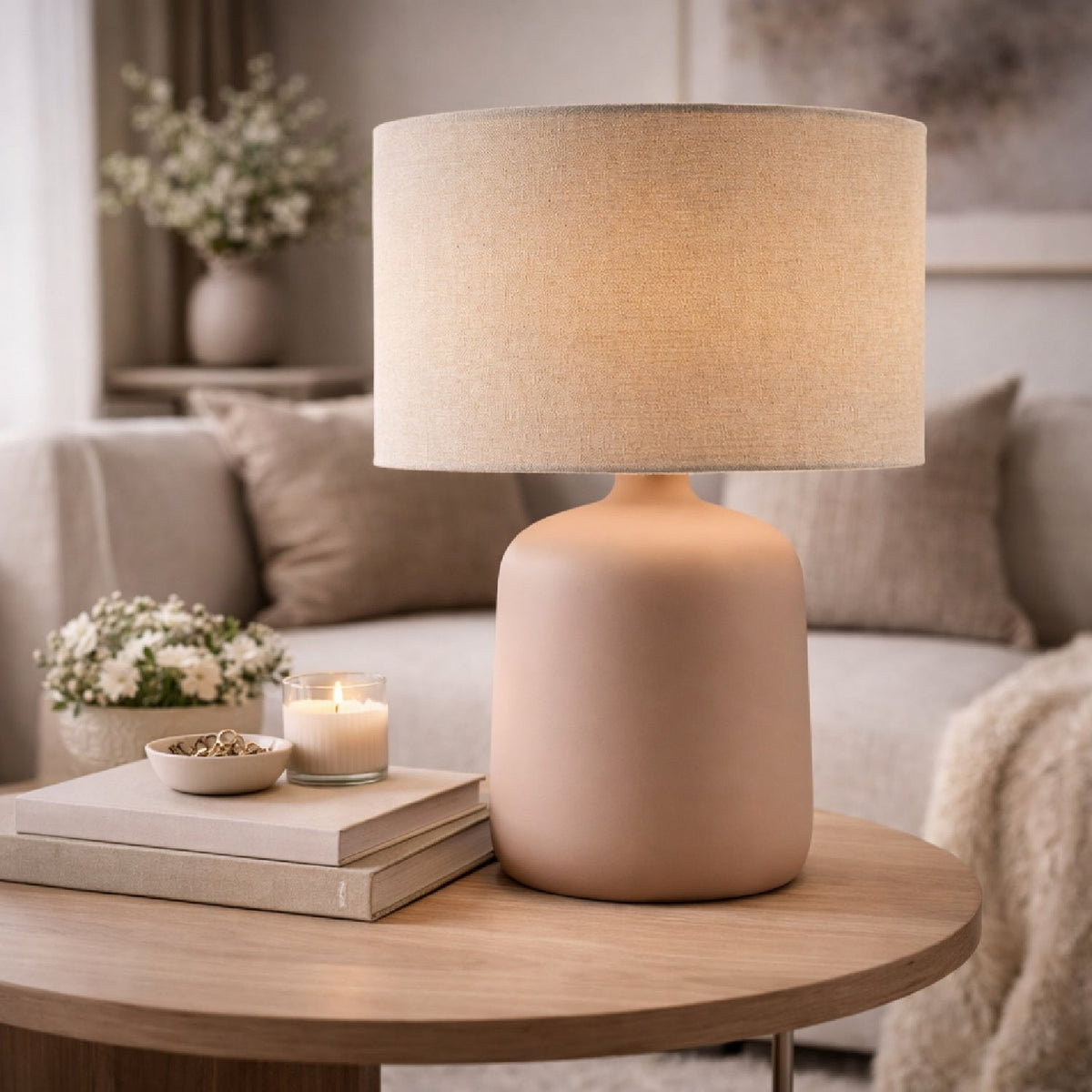 Modern European furniture - Beige Linen Ceramic Table Lamp S - www.oroa.com