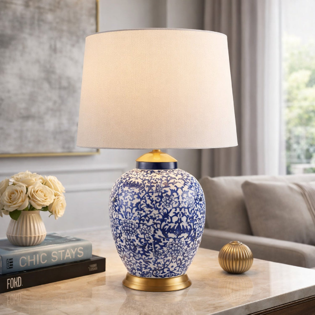Modern European furniture - Blue Floral Ceramic Table Lamp - www.oroa.com