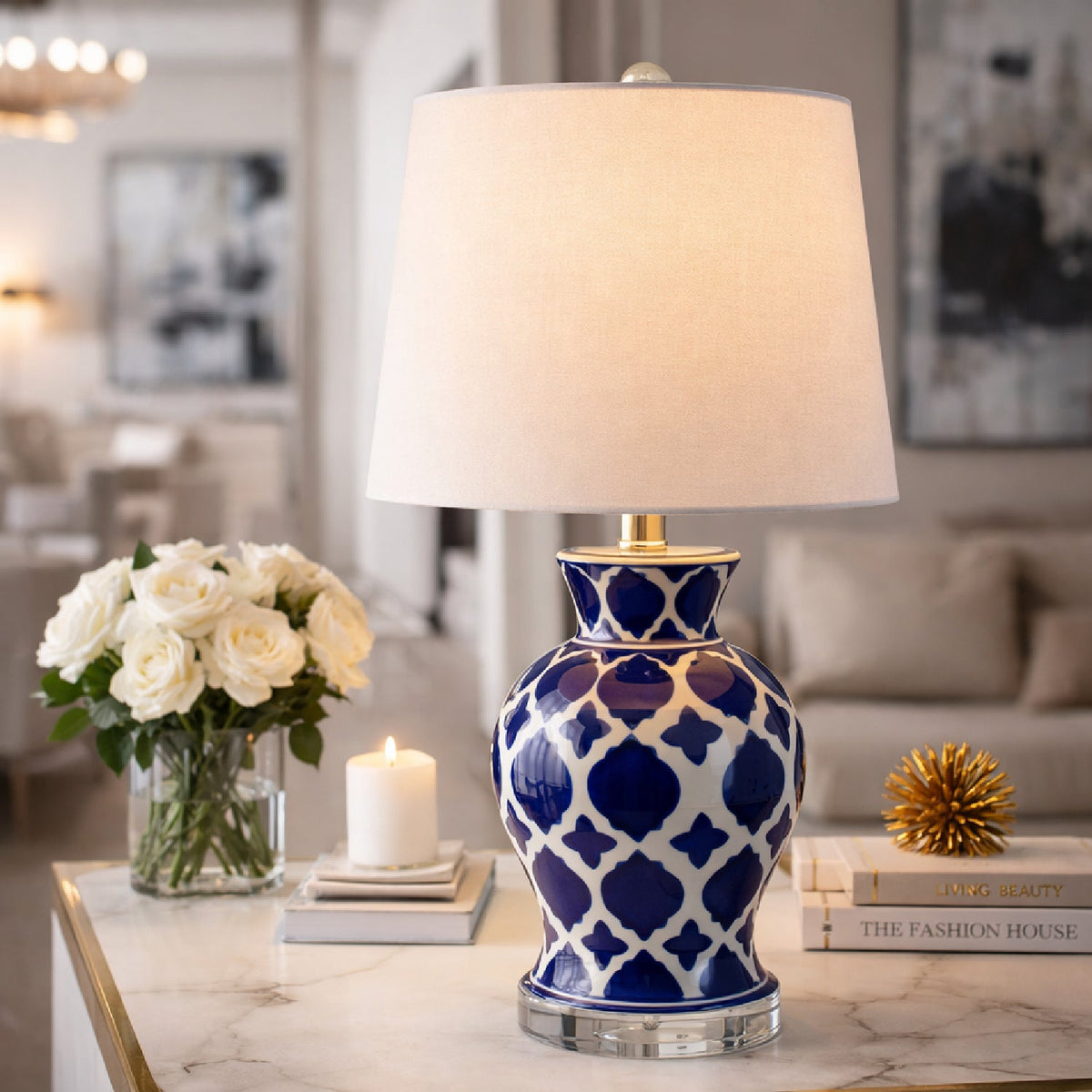 Modern European furniture - Blue Patterned Ceramic Table Lamp - www.oroa.com