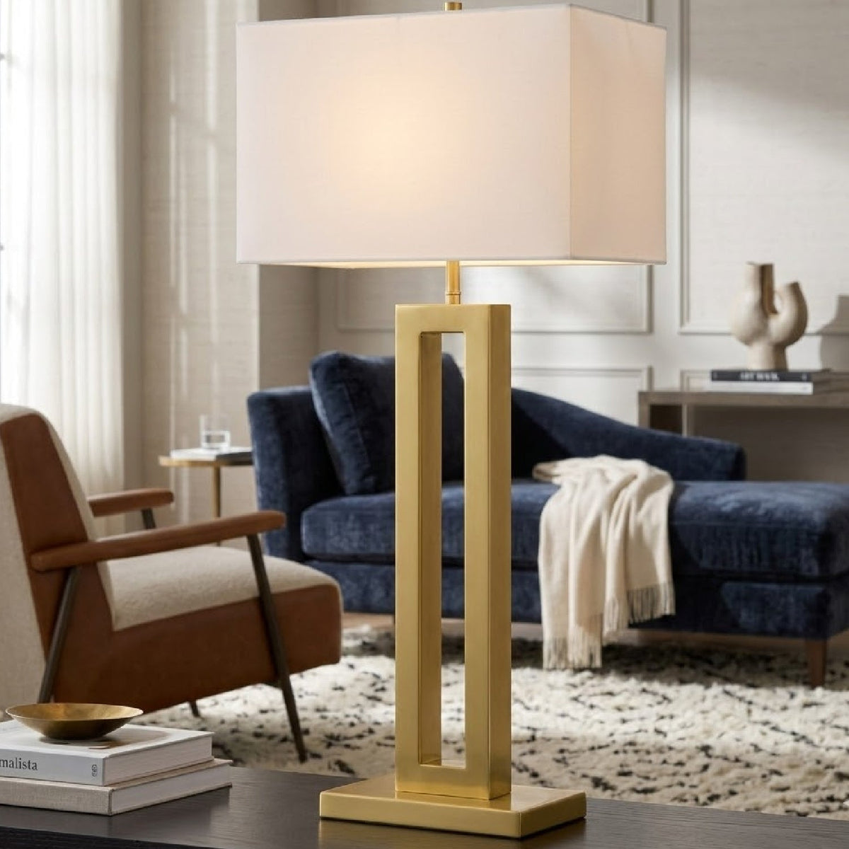 Modern European furniture - White Linen Gold Table Lamp - www.oroa.com