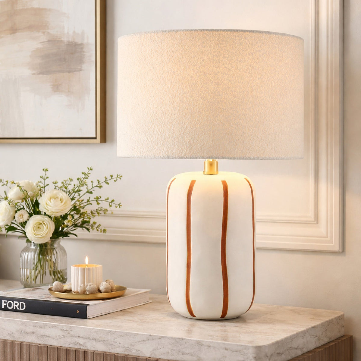 Modern European furniture - Lined Ceramic Linen Table Lamp - www.oroa.com