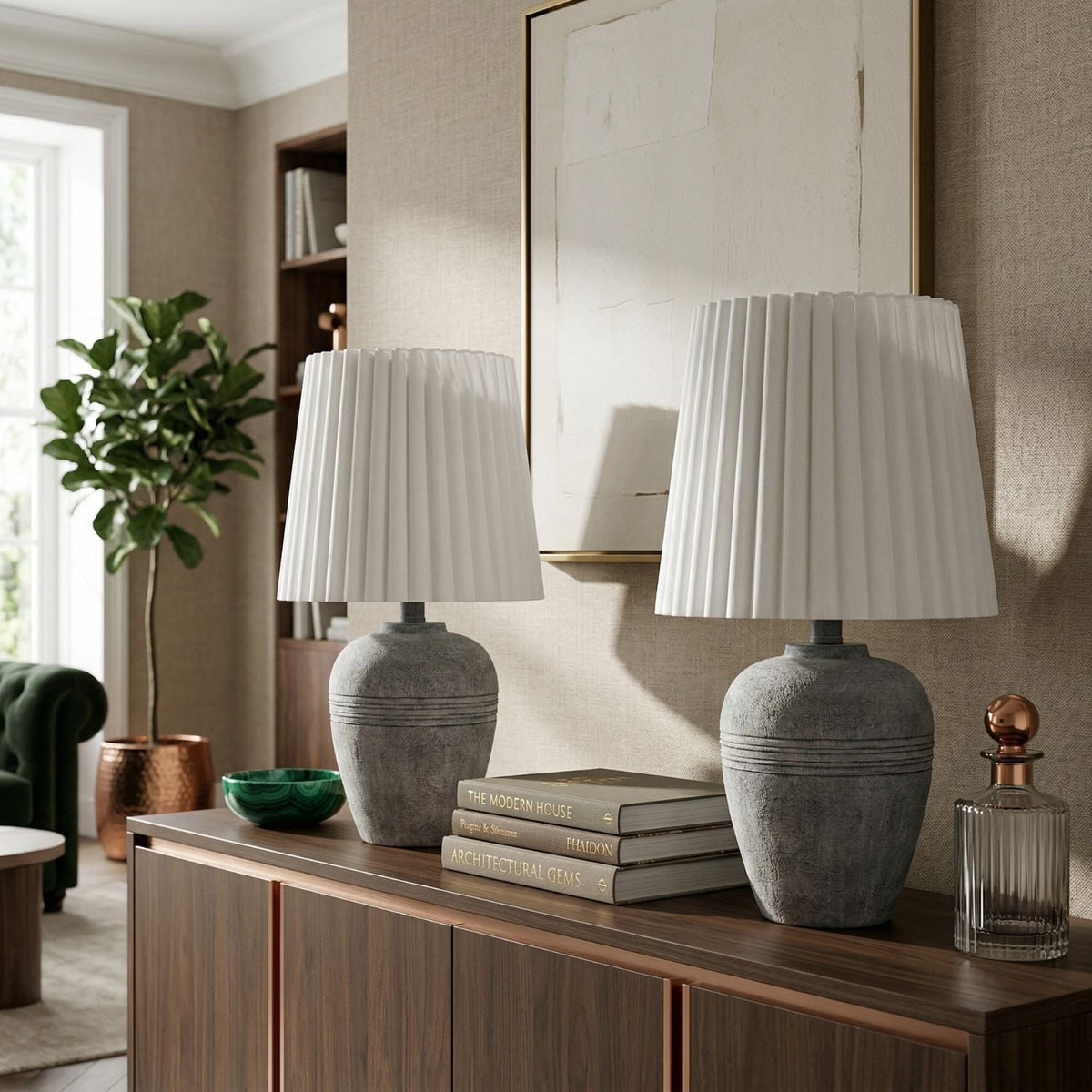 Modern European furniture - Fluted Linen Table Lamp Set (2) - www.oroa.com