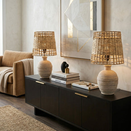 Modern European furniture -  Woven Seagrass Ceramic Table Lamps (2) - www.oroa.com