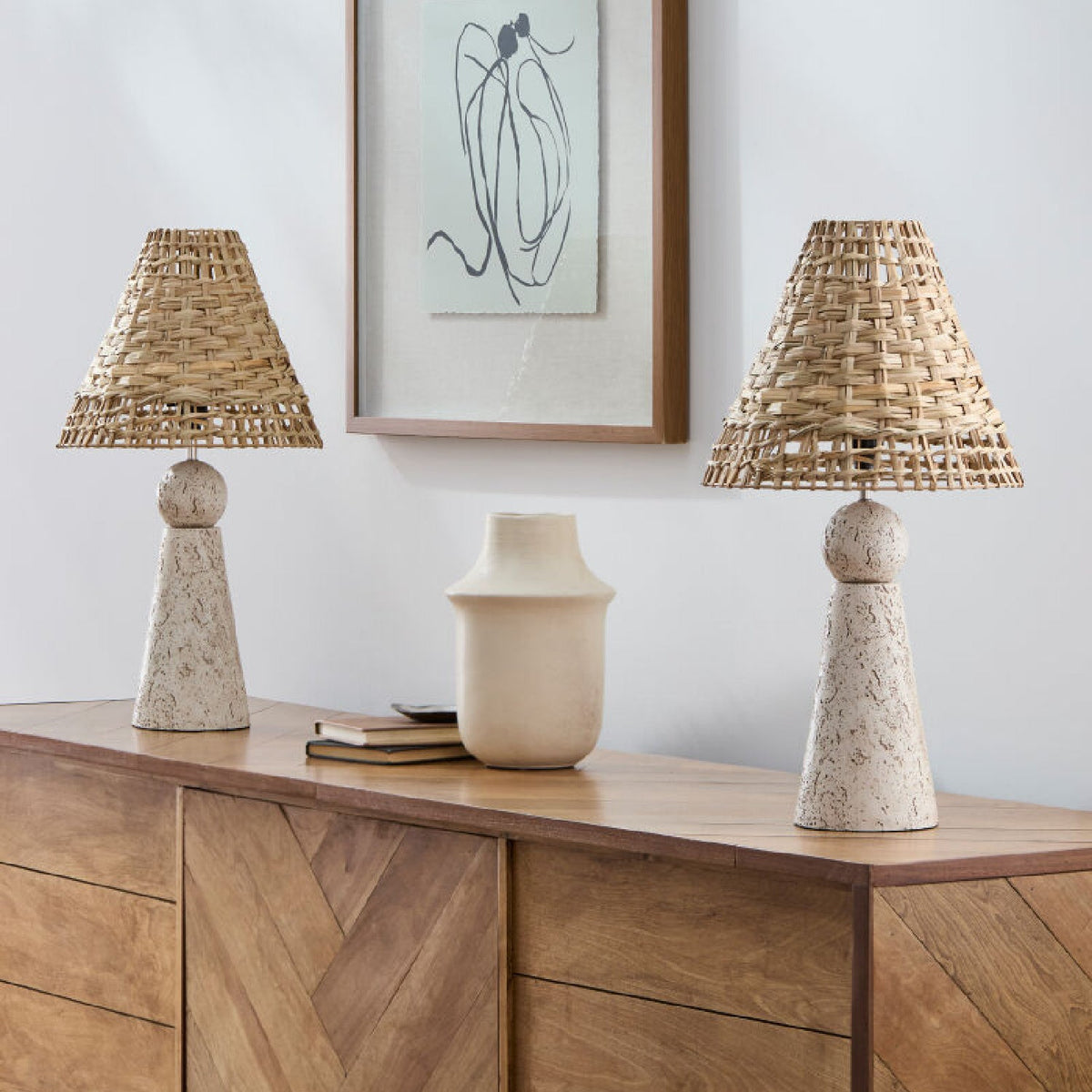 Modern European furniture - Travertine Base Rattan Table Lamps (2) - www.oroa.com