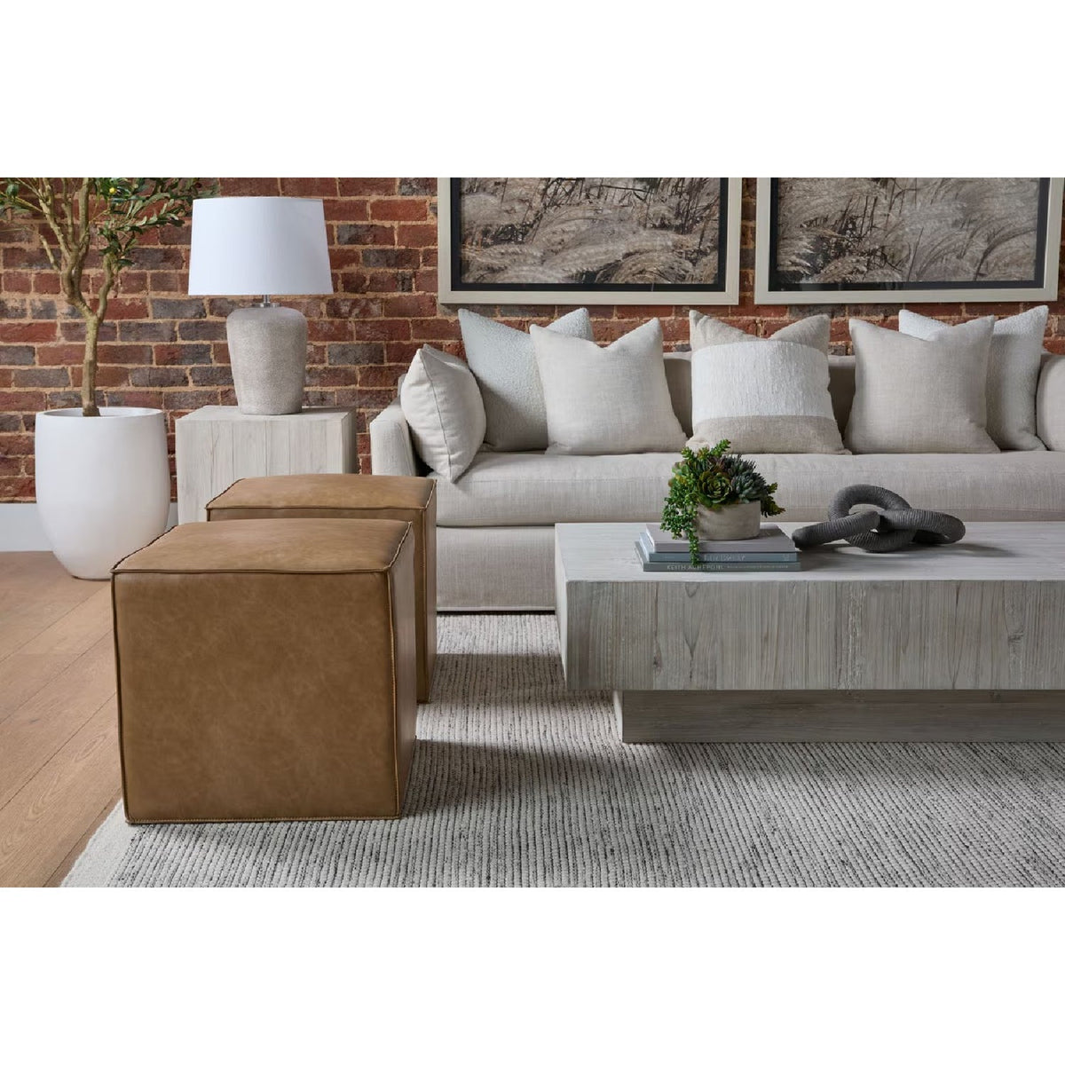 Brown Vegan Leather Cube Ottoman | Living Essentials Knox