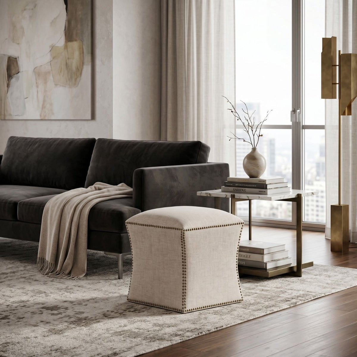 Modern European furniture - Nailhead Trimmed Linen Ottoman - www.oroa.com