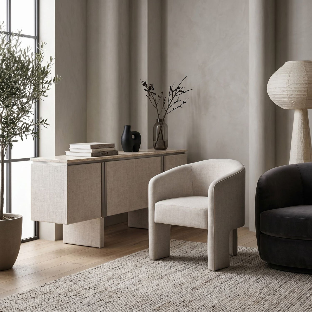 French Linen 3-Legged Accent Chair | Living Essentials Hall