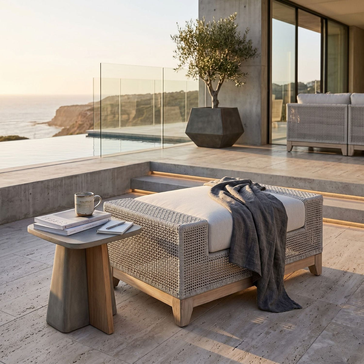 Modern European furniture - Beige Woven Rope Outdoor Ottoman - www.oroa.com