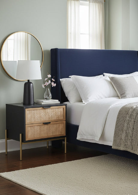 Black Oak Nightstand with Rattan Drawers by Splendido Avida, alternate view 2