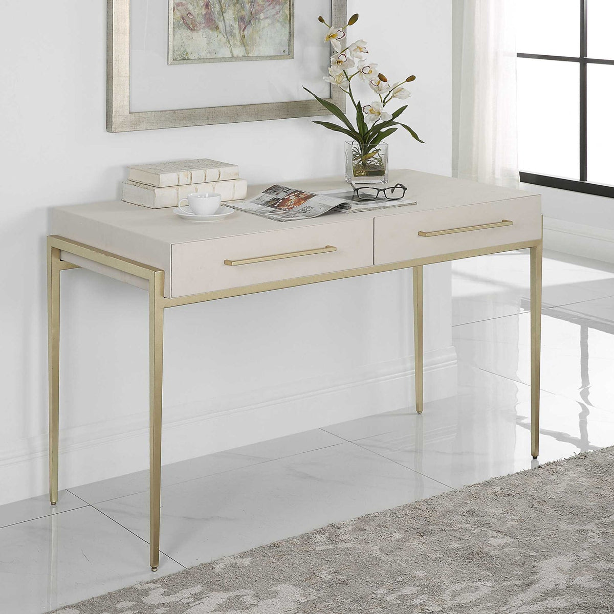White Shagreen 2-Drawer Desk by Uttermost Jewel, alternate view 9